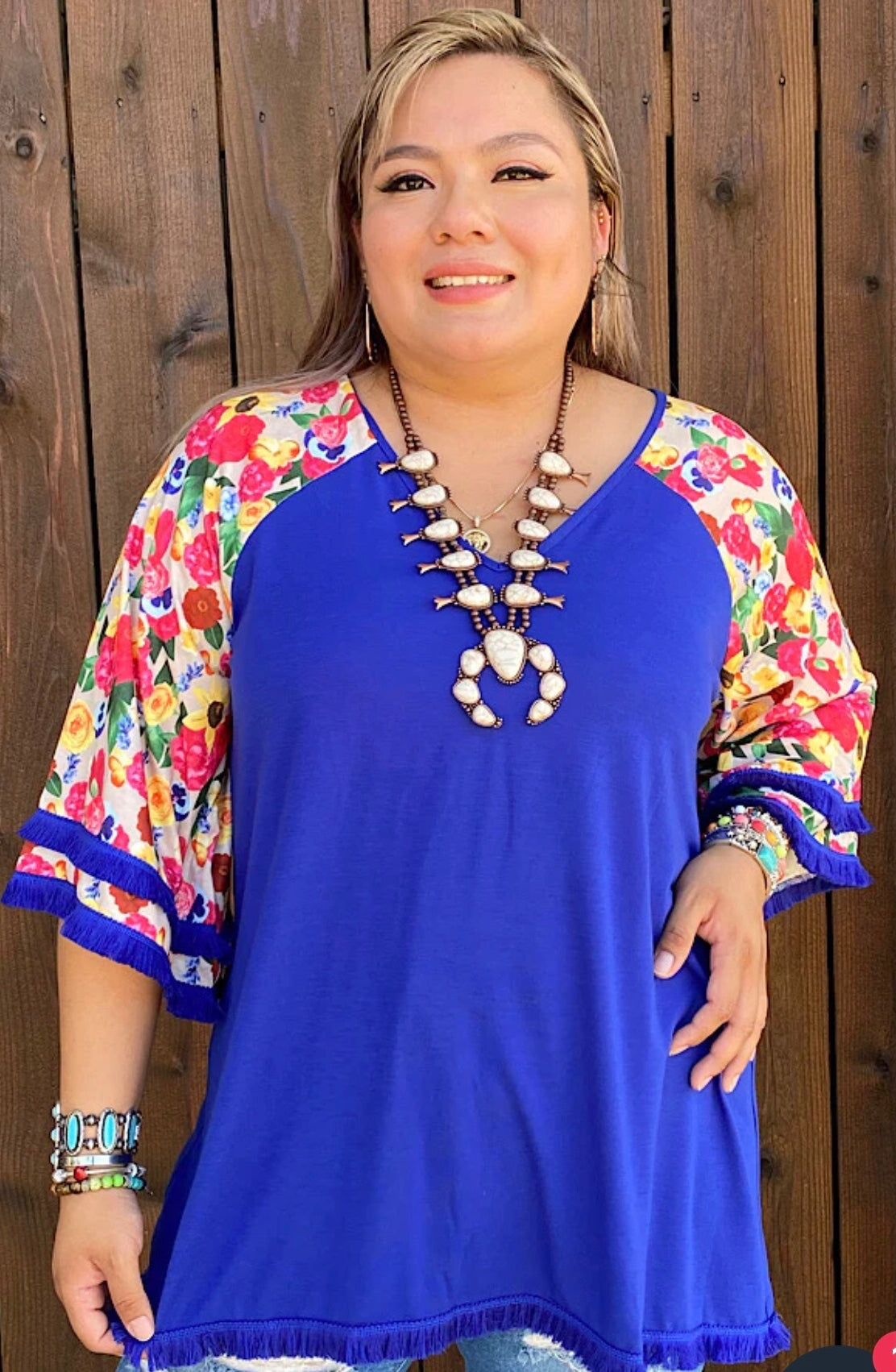 ROYAL BLUE TOP WITH FLORAL SLEEVES