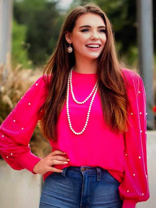 HOT PINK TOP WITH PEARLS ON SLEEVES