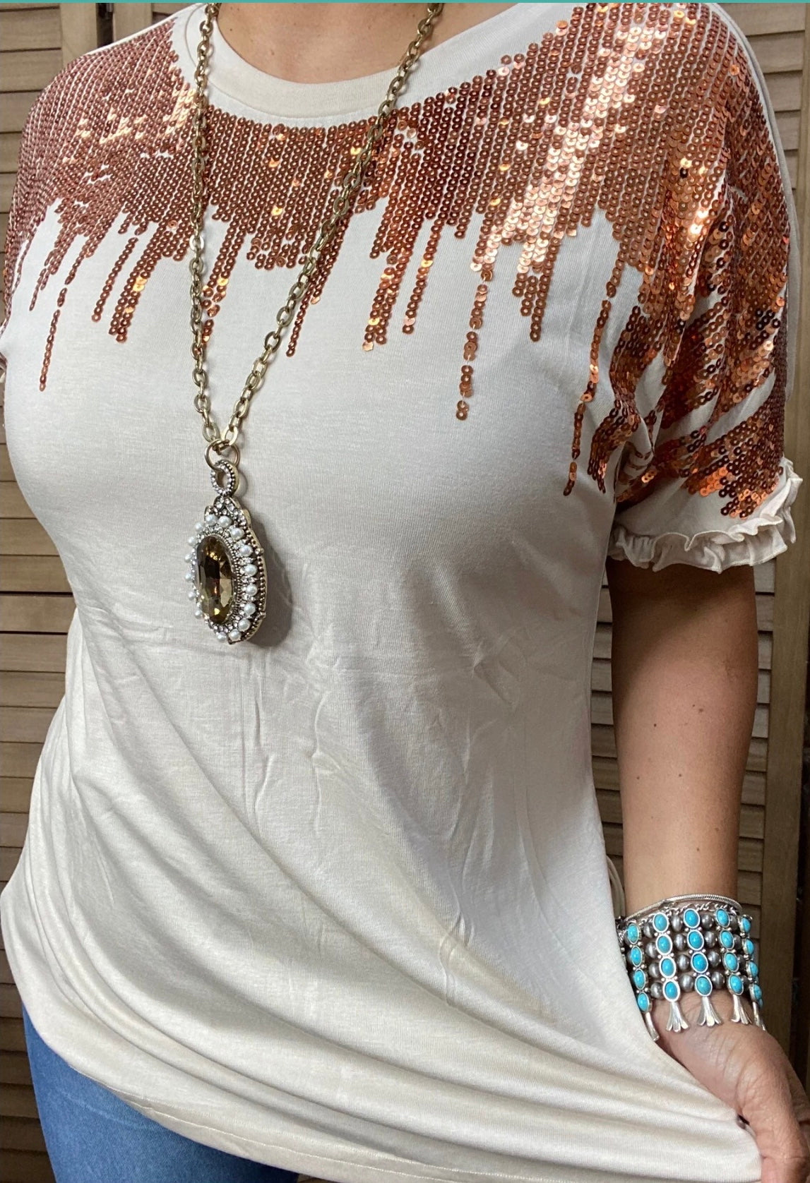 TAN TOP WITH COPPER SEQUINS