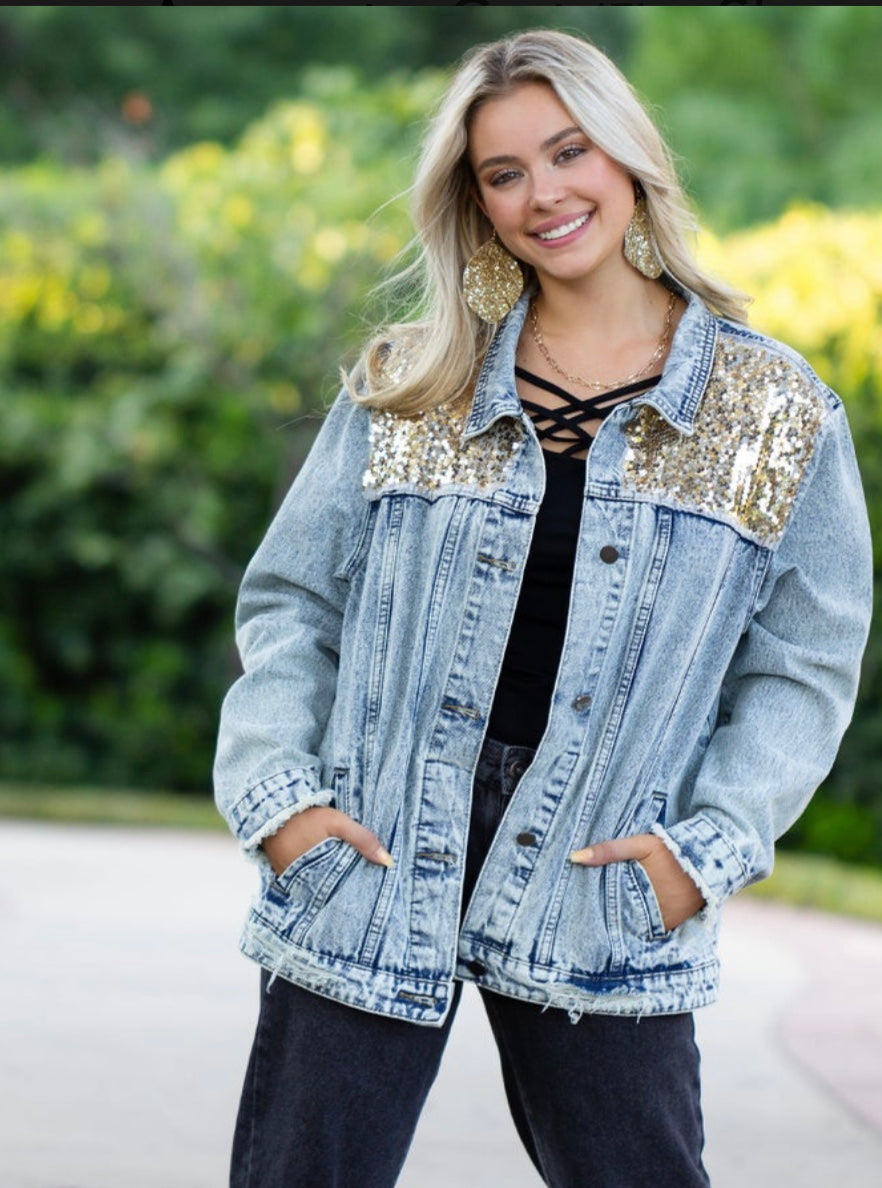 Denim Jacket With Gold Sequince