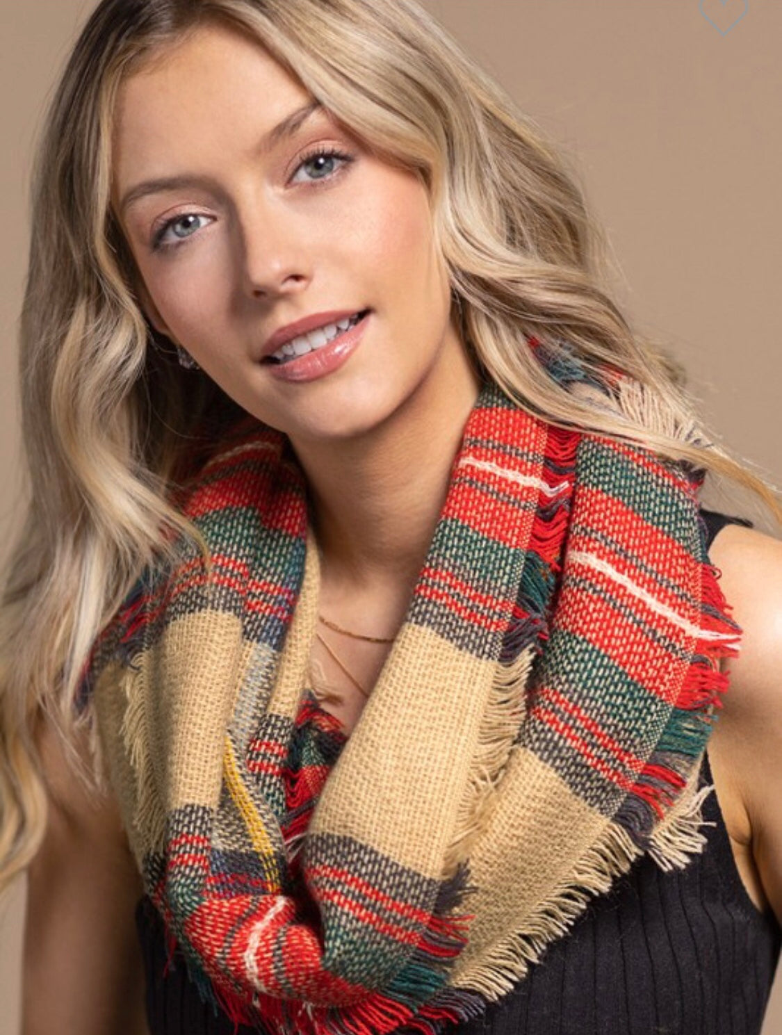 Beige Plaid Infinity Scarf