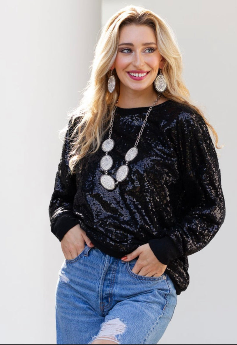 Black Sequince Long Sleeve Top