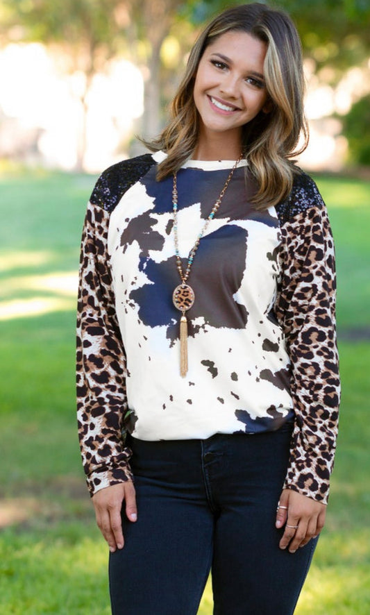 Cow & Leopard Long Sleeve Top